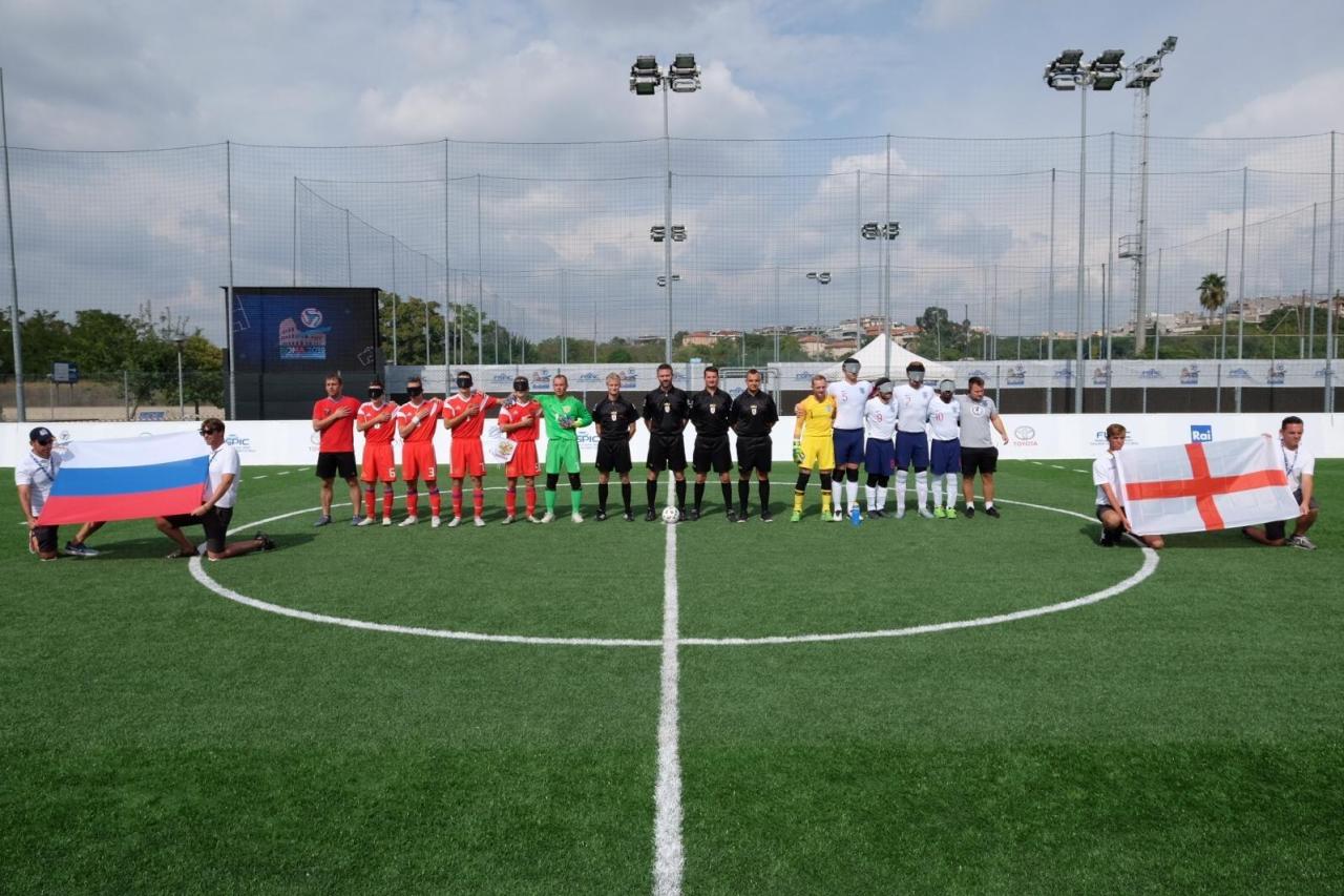 The Russian team in mini-football 5x5 class B1 (totally blind athletes) tied with the UK team in the third match of the European Championship in Italy