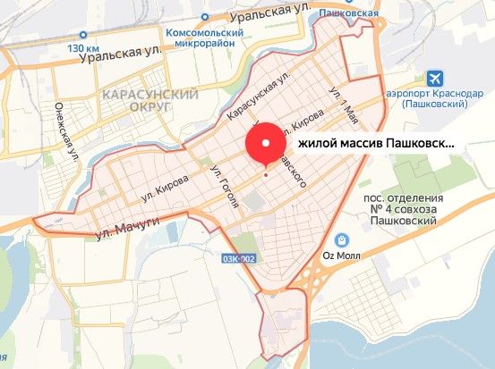 Pashkovsky microdistrict on the map of Krasnodar