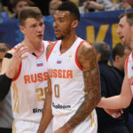 Players of the Russian national team Andrey Vorontsevich, Joel Bolomboy, Vitaly Fridzon (from left to right)