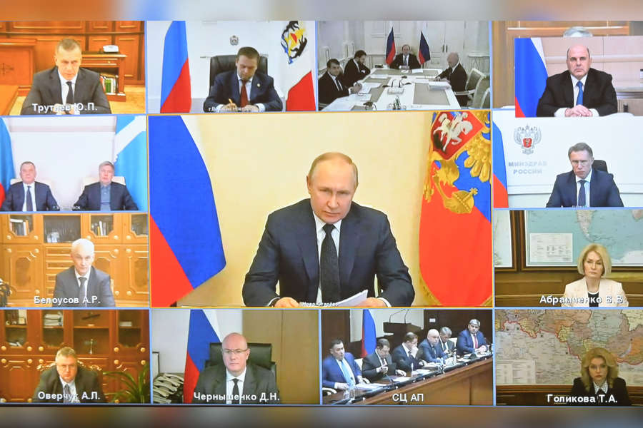 Russian President Vladimir Putin during a meeting on measures of social and economic support for Russian regions via videoconference, March 16, 2022